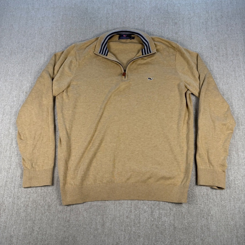 Vineyard Vines Quarter Zip Pullover Mens Size L Tan Cotton Striped Sweater